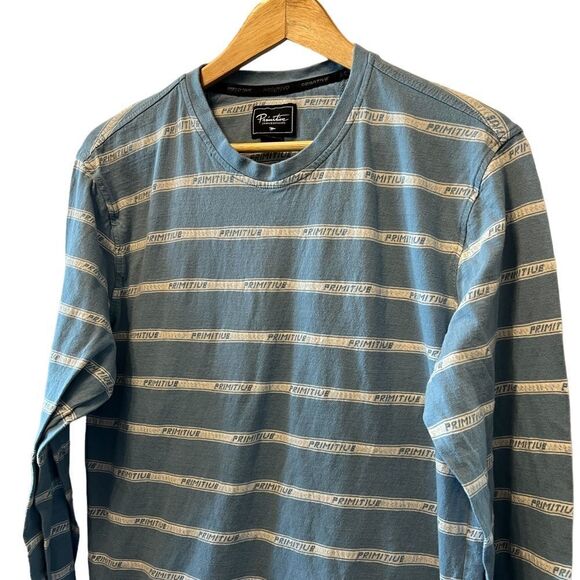 MENS PRIMITIVE Blue Graphic Striped Print Long Sleeve Cotton Casual Tee Shirt L - Picture 2 of 8
